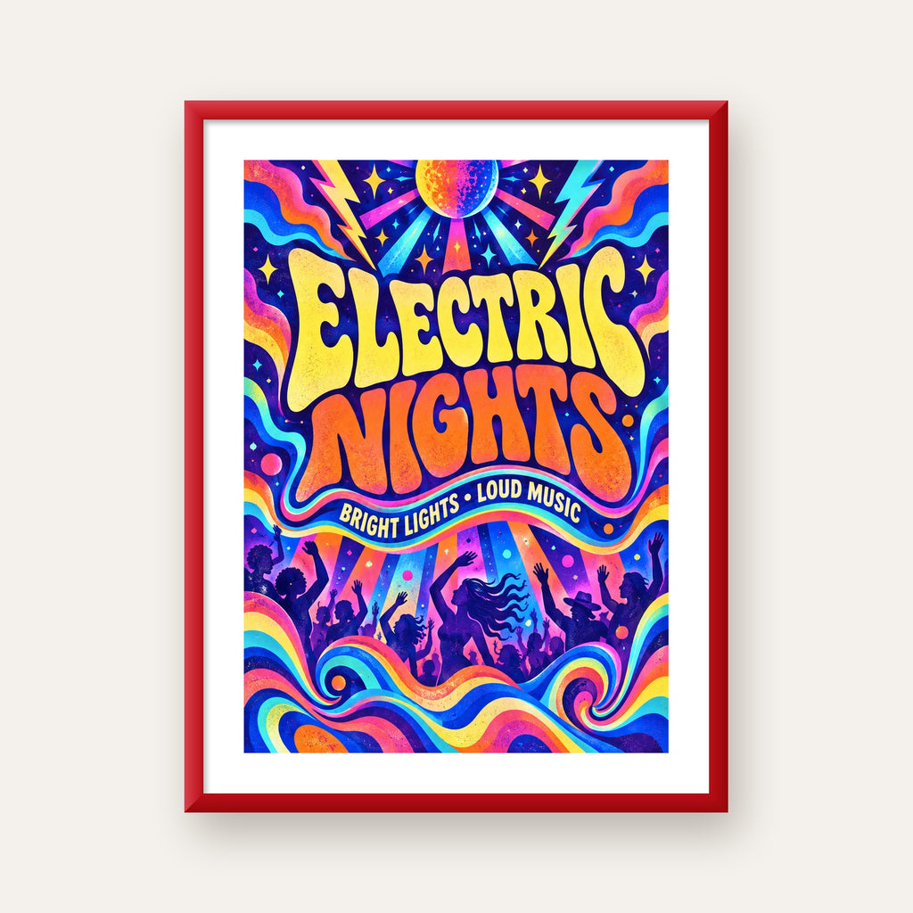 Electric Nights Psikedelik Gece Partisi Poster Retro Tasarım — kırmızı çerçeveli paspartulu