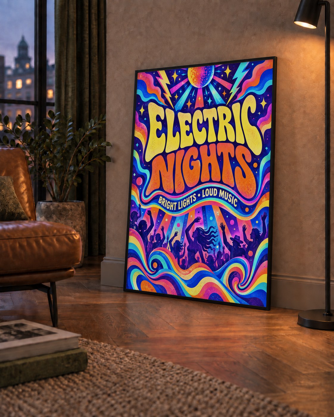 Electric Nights Psikedelik Gece Partisi Poster Retro Tasarım — çerçeveli hâliyle bir ev duvarında