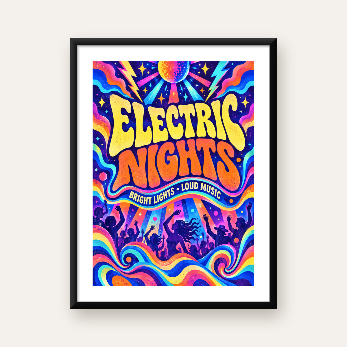 Electric Nights Psikedelik Gece Partisi Poster Retro Tasarım — Dikey baskı, beyaz paspartulu