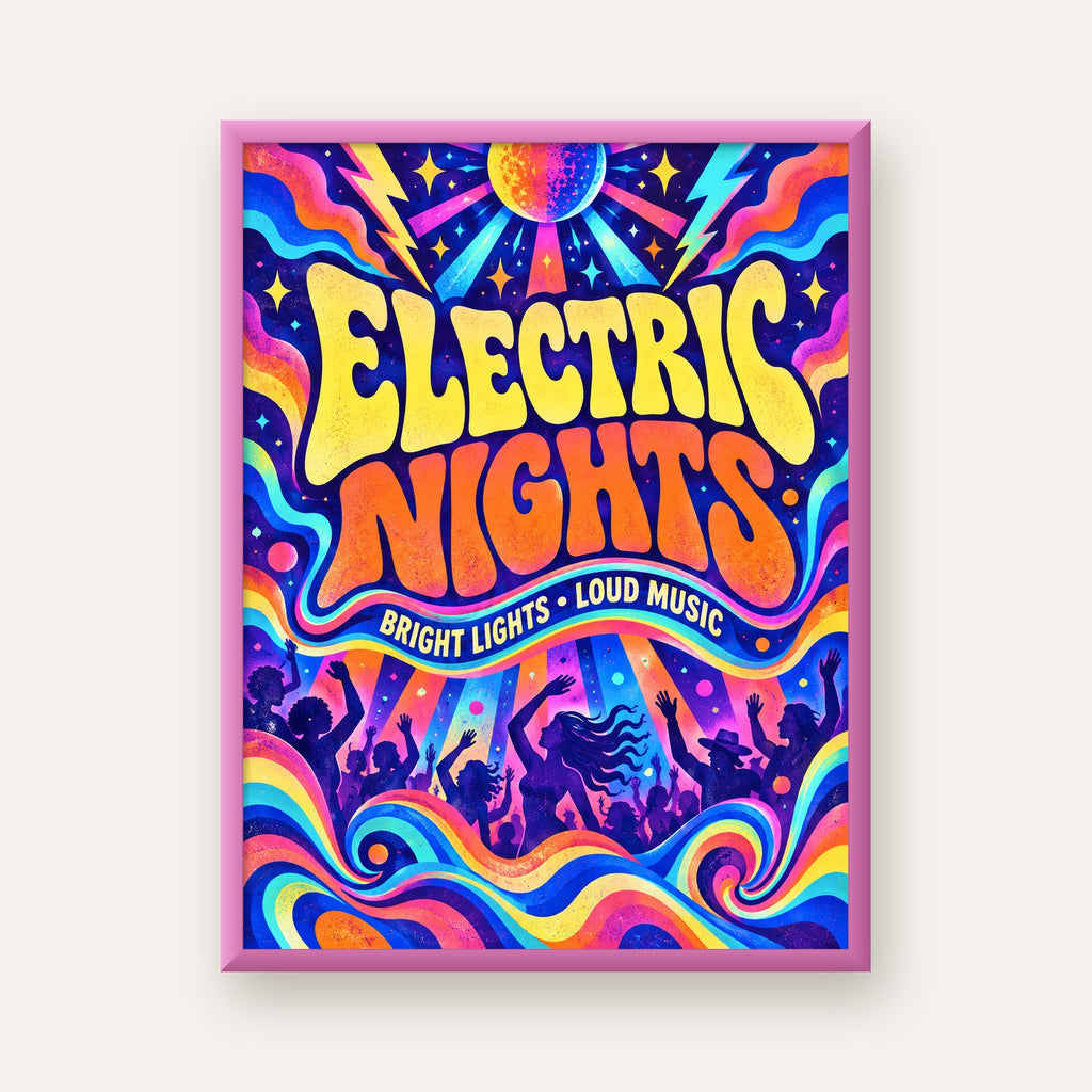 Electric Nights Psikedelik Gece Partisi Poster Retro Tasarım — pembe çerçeveli