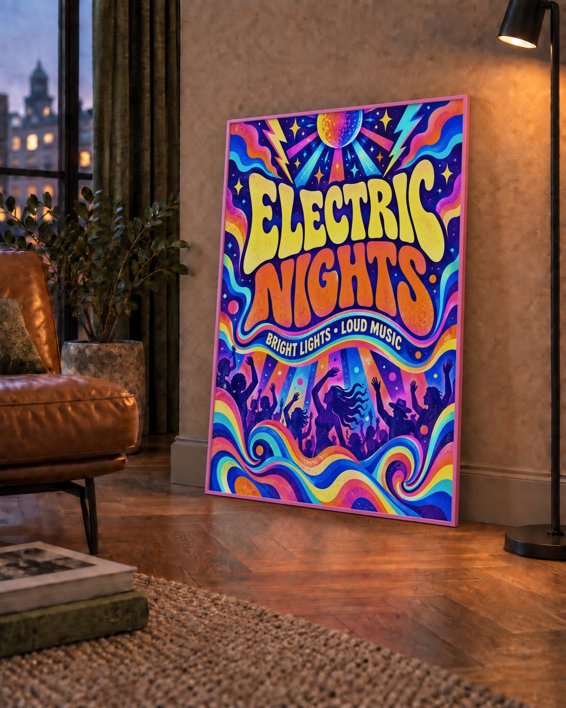 Electric Nights Psikedelik Gece Partisi Poster Retro Tasarım — çerçeveli hâliyle bir ev duvarında