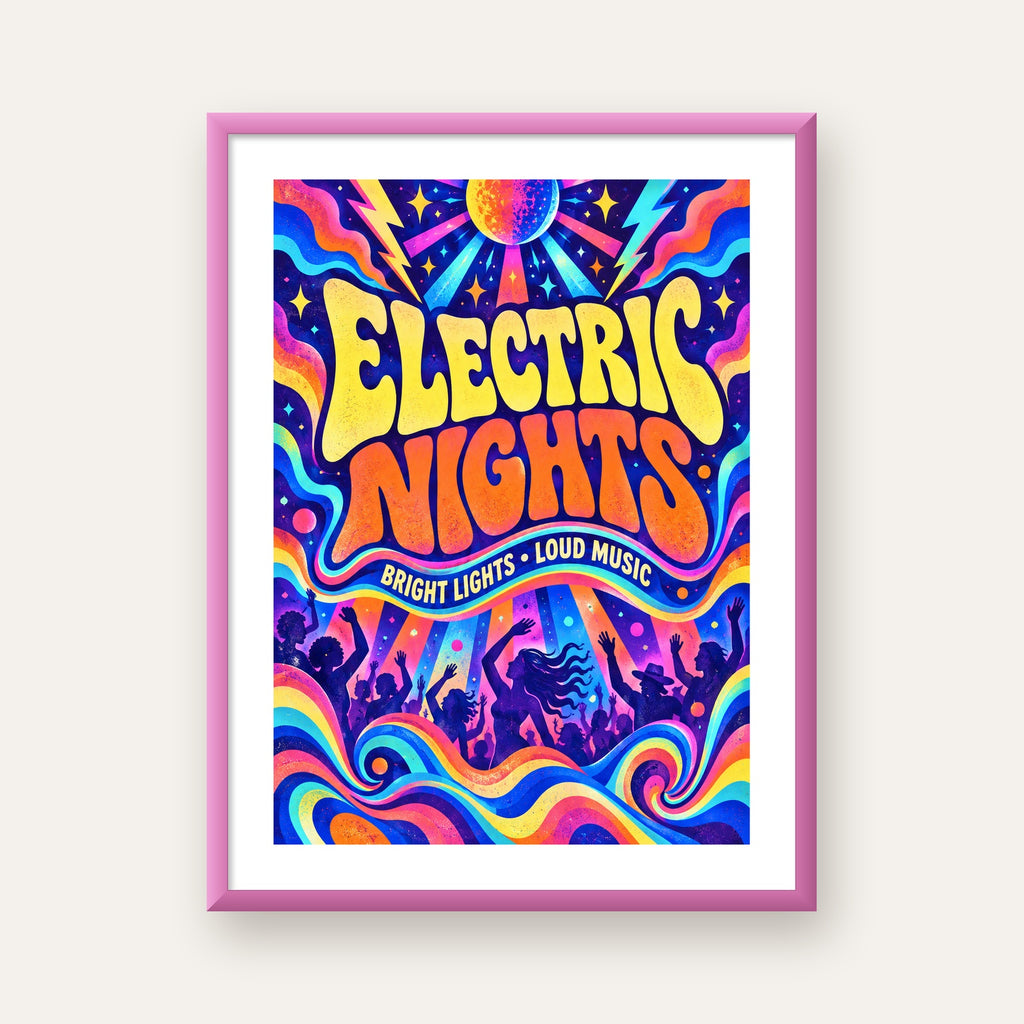 Electric Nights Psikedelik Gece Partisi Poster Retro Tasarım — pembe çerçeveli paspartulu