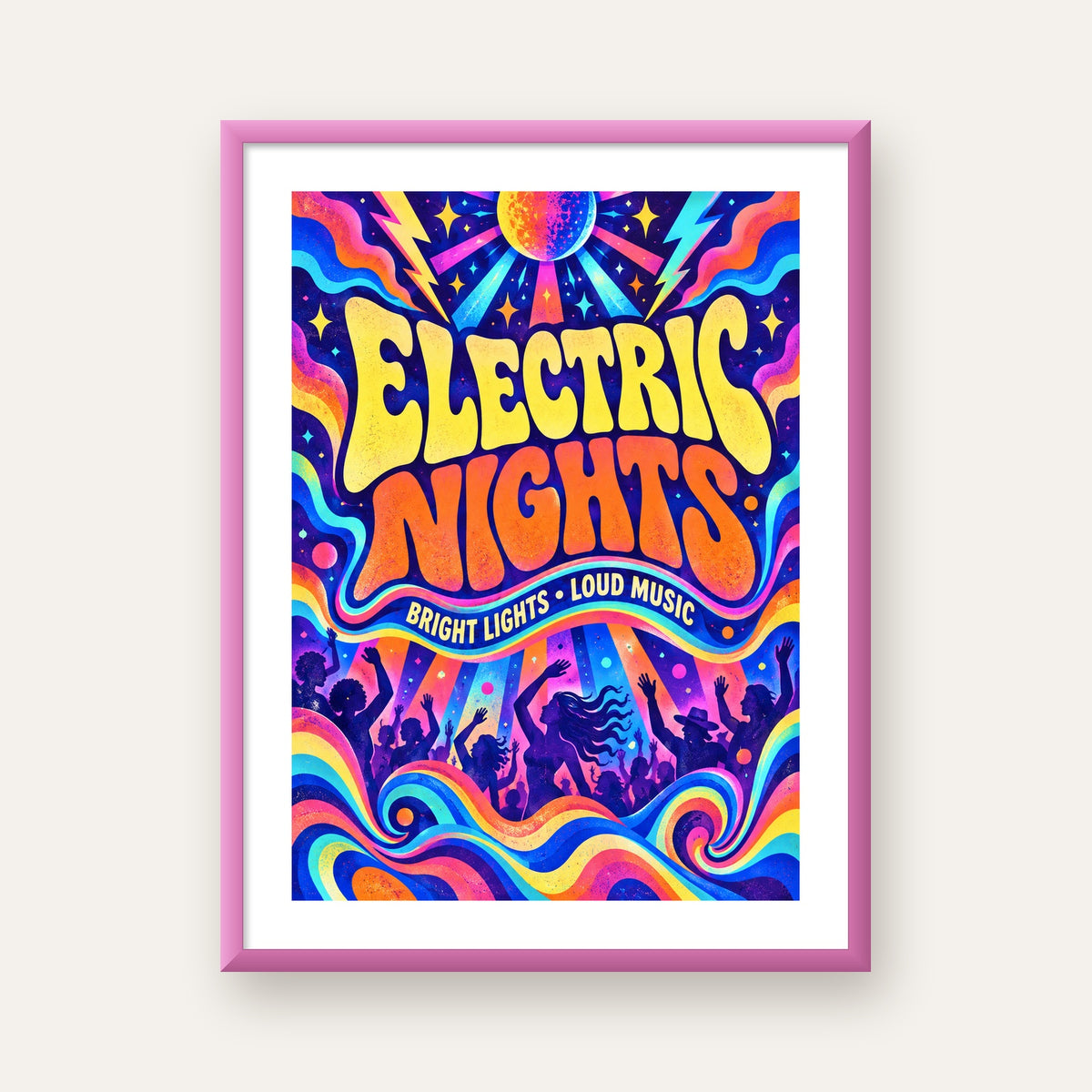 Electric Nights Psikedelik Gece Partisi Poster Retro Tasarım — pembe çerçeveli paspartulu