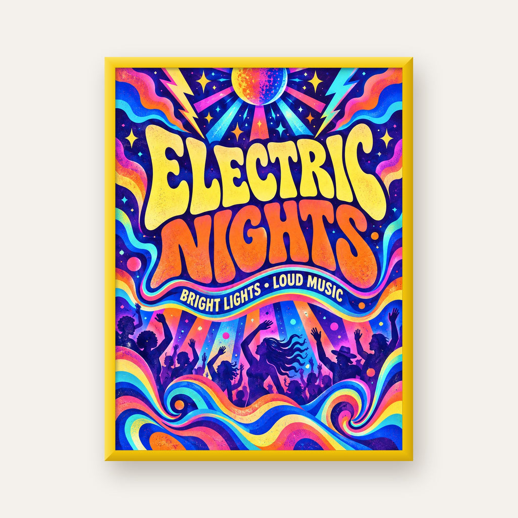Electric Nights Psikedelik Gece Partisi Poster Retro Tasarım — sarı çerçeveli