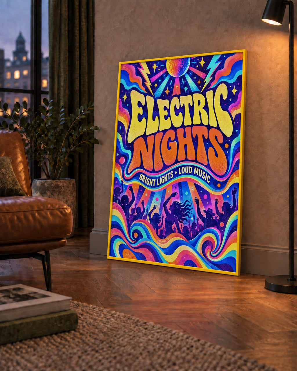 Electric Nights Psikedelik Gece Partisi Poster Retro Tasarım — çerçeveli hâliyle bir ev duvarında