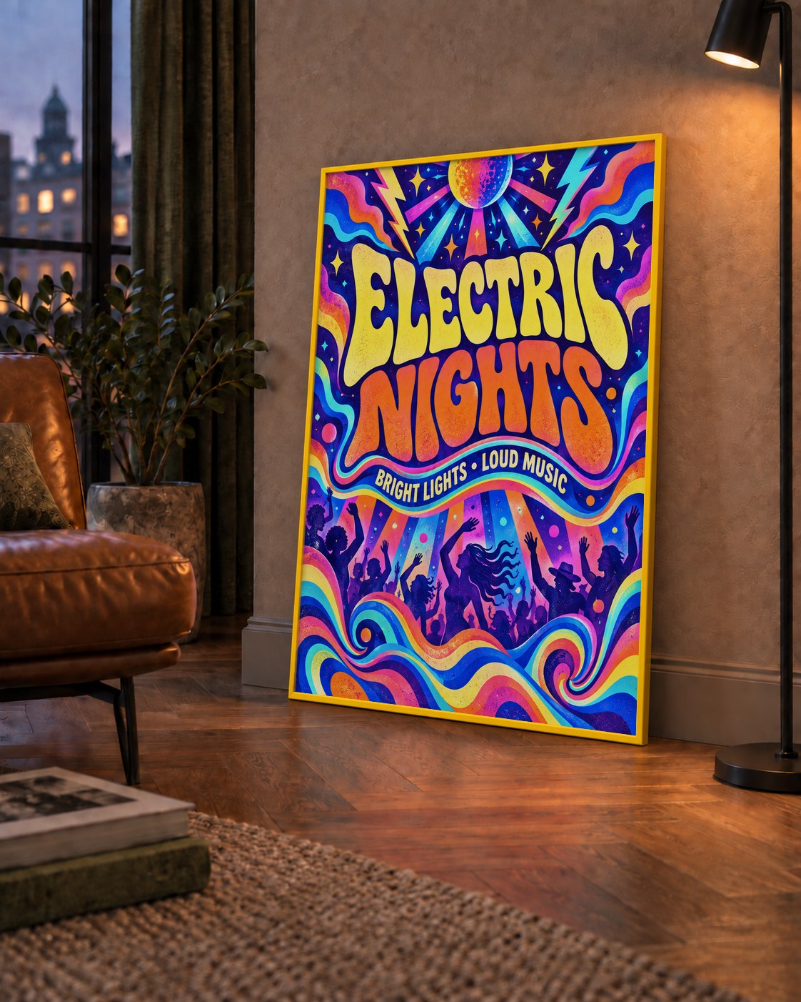 Electric Nights Psikedelik Gece Partisi Poster Retro Tasarım — çerçeveli hâliyle bir ev duvarında
