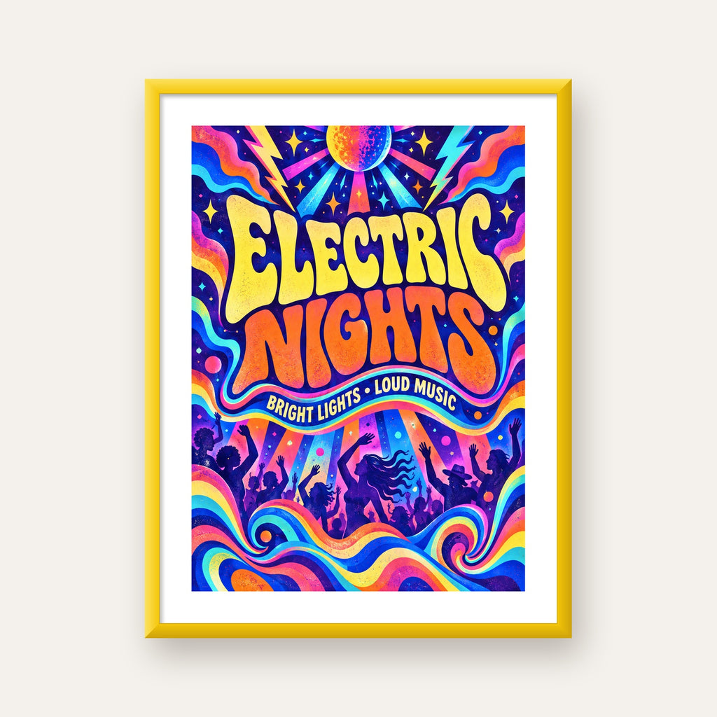 Electric Nights Psikedelik Gece Partisi Poster Retro Tasarım — sarı çerçeveli paspartulu