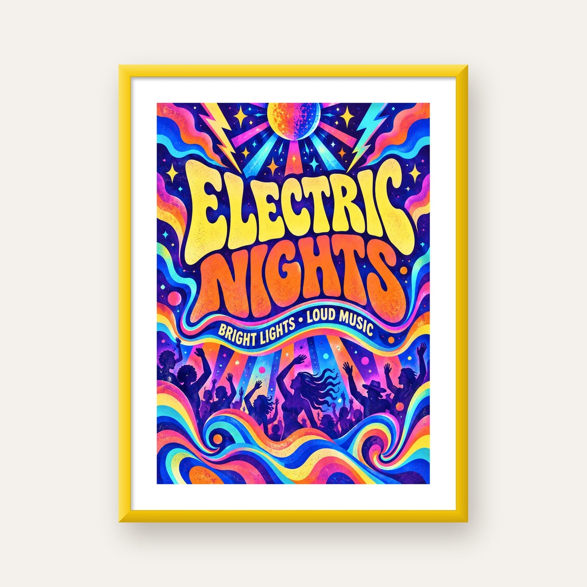 Electric Nights Psikedelik Gece Partisi Poster Retro Tasarım — sarı çerçeveli paspartulu