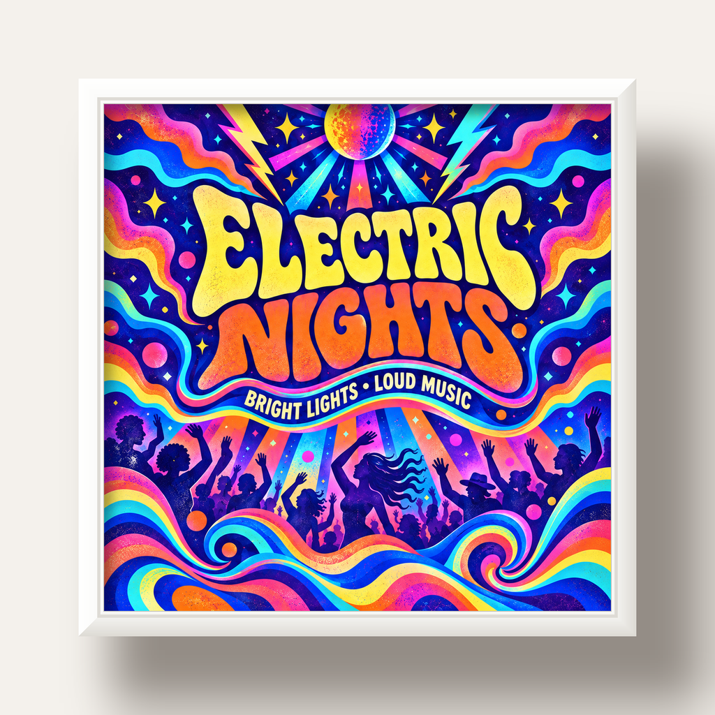 Electric Nights Psikedelik Gece Partisi Poster Retro Tasarım — beyaz derin çerçeveli