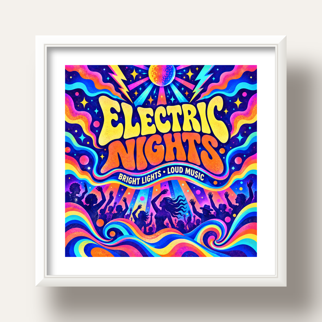 Electric Nights Psikedelik Gece Partisi Poster Retro Tasarım — beyaz derin çerçeveli paspartulu