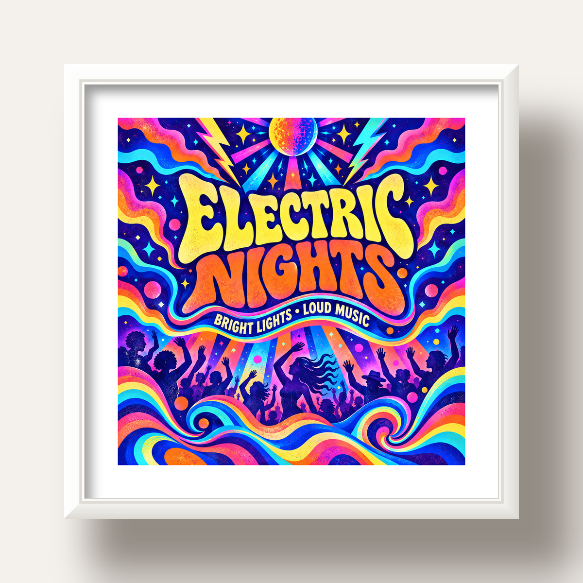 Electric Nights Psikedelik Gece Partisi Poster Retro Tasarım — beyaz derin çerçeveli paspartulu