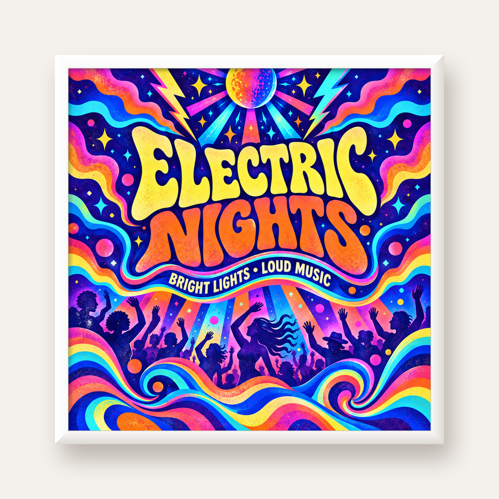 Electric Nights Psikedelik Gece Partisi Poster Retro Tasarım — beyaz çerçeveli kare poster