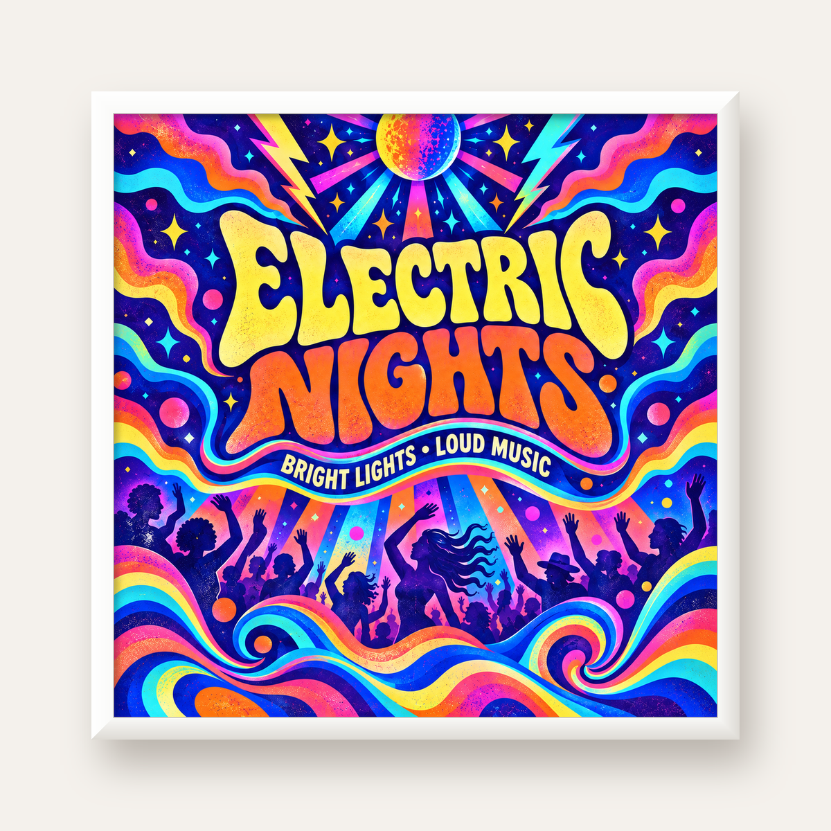 Electric Nights Psikedelik Gece Partisi Poster Retro Tasarım — beyaz çerçeveli kare poster