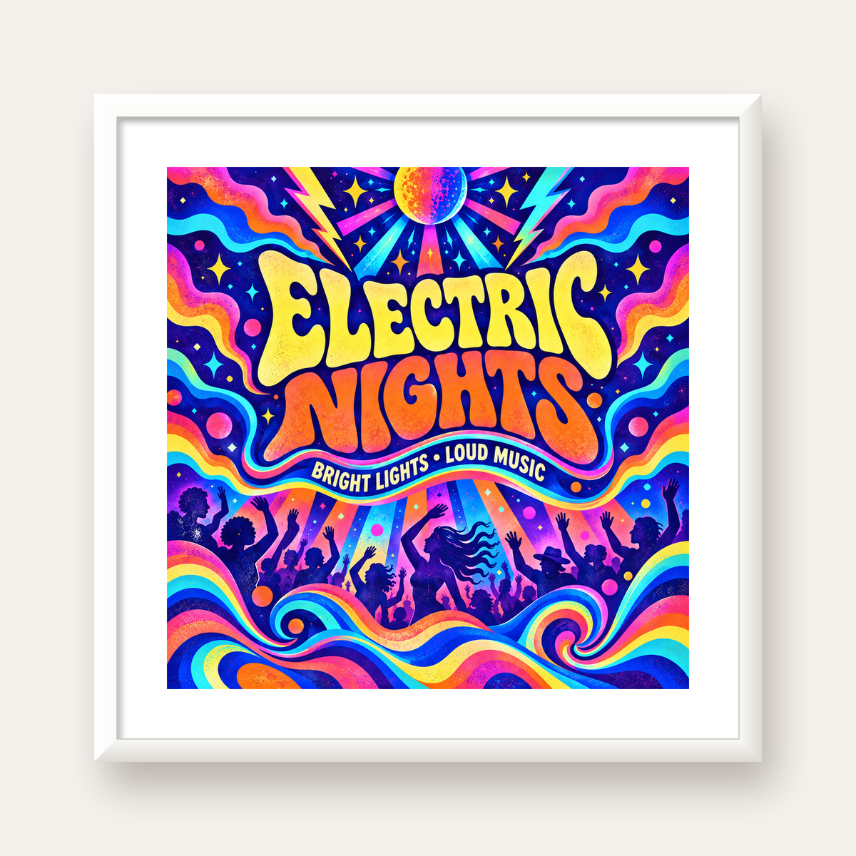 Electric Nights Psikedelik Gece Partisi Poster Retro Tasarım — beyaz çerçeveli kare poster