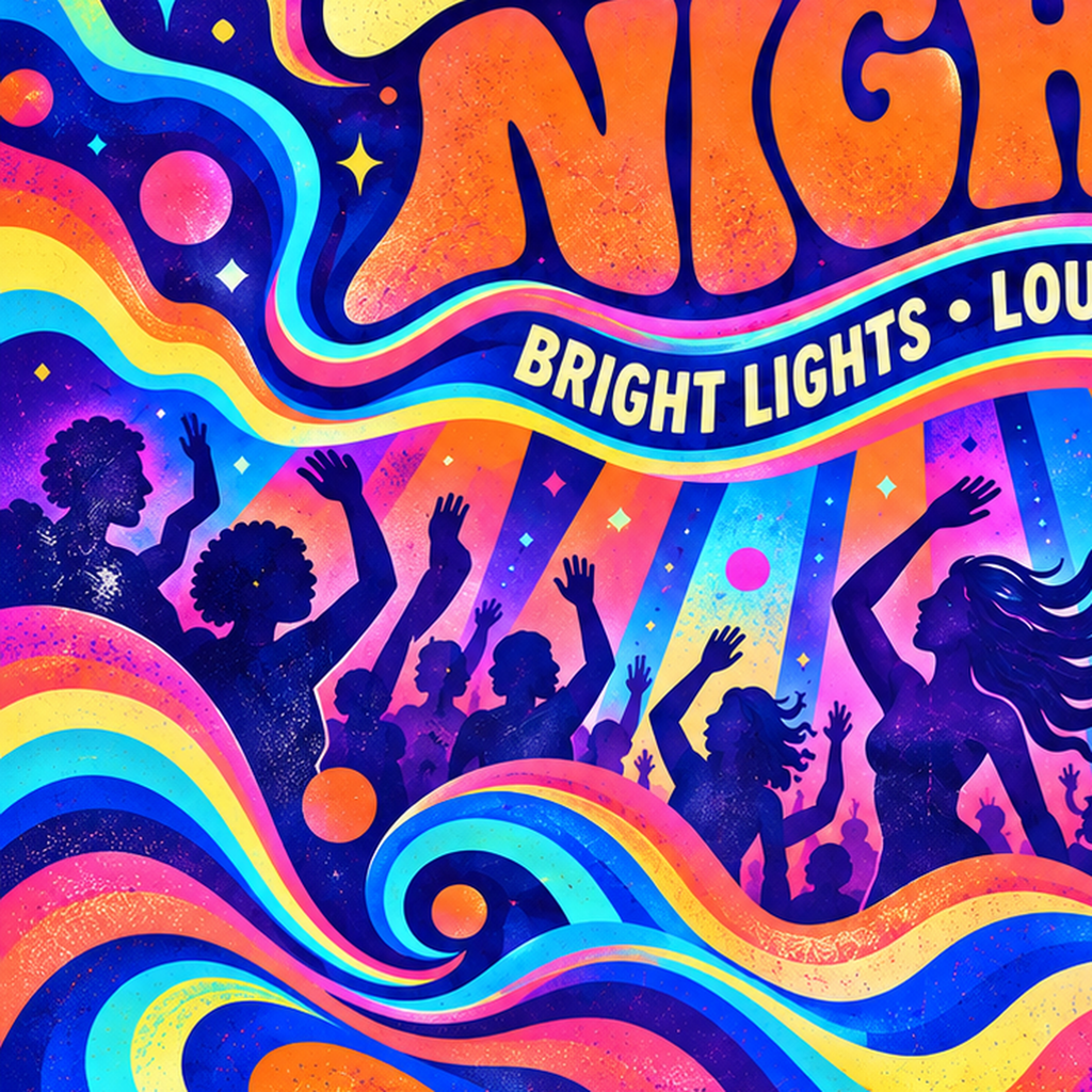 Electric Nights Psikedelik Gece Partisi Poster Retro Tasarım — baskının yakın çekimi, kâğıt dokusu ve renk detayı