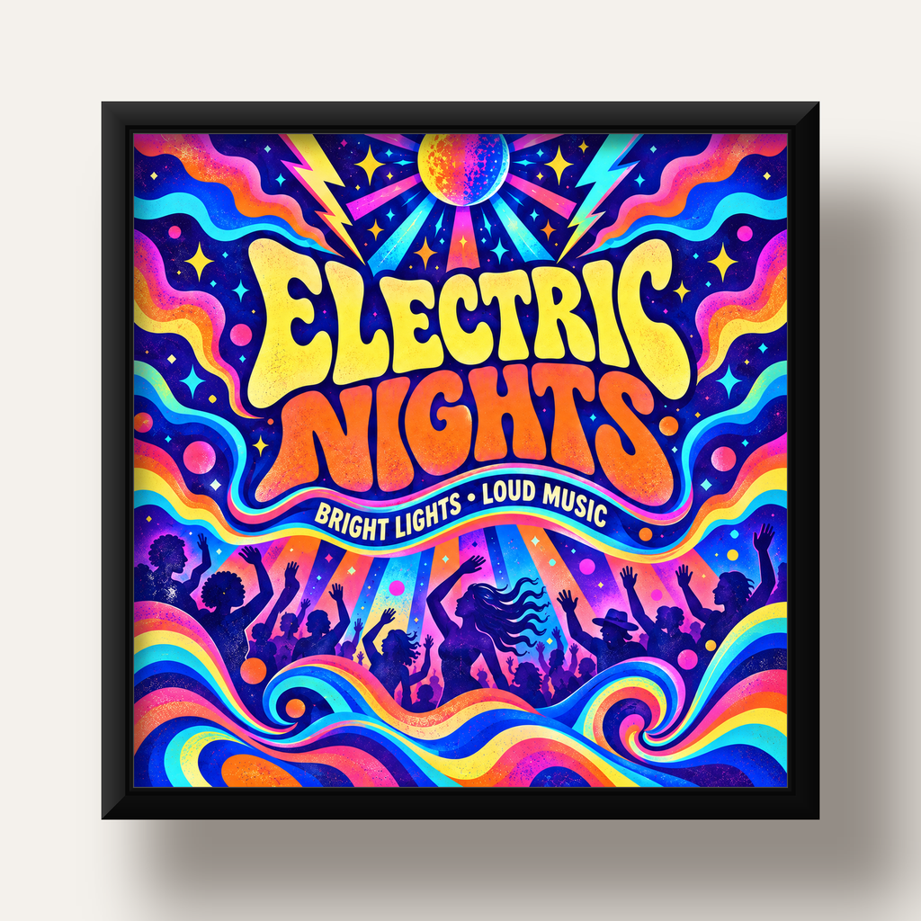 Electric Nights Psikedelik Gece Partisi Poster Retro Tasarım — siyah derin çerçeveli