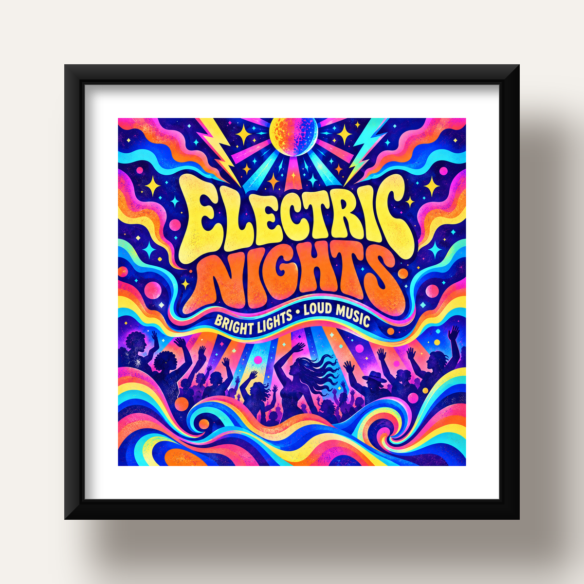 Electric Nights Psikedelik Gece Partisi Poster Retro Tasarım — siyah derin çerçeveli paspartulu