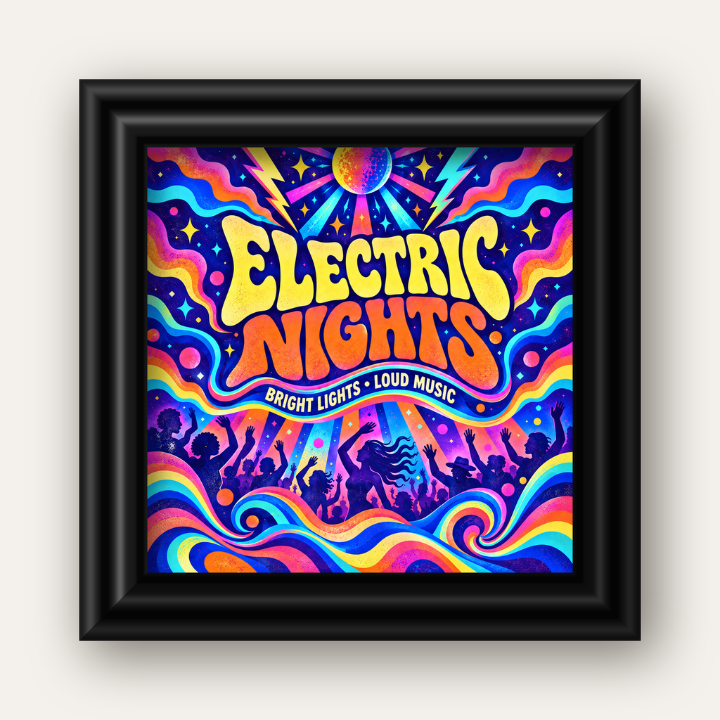 Electric Nights Psikedelik Gece Partisi Poster Retro Tasarım — siyah galeri çerçeveli