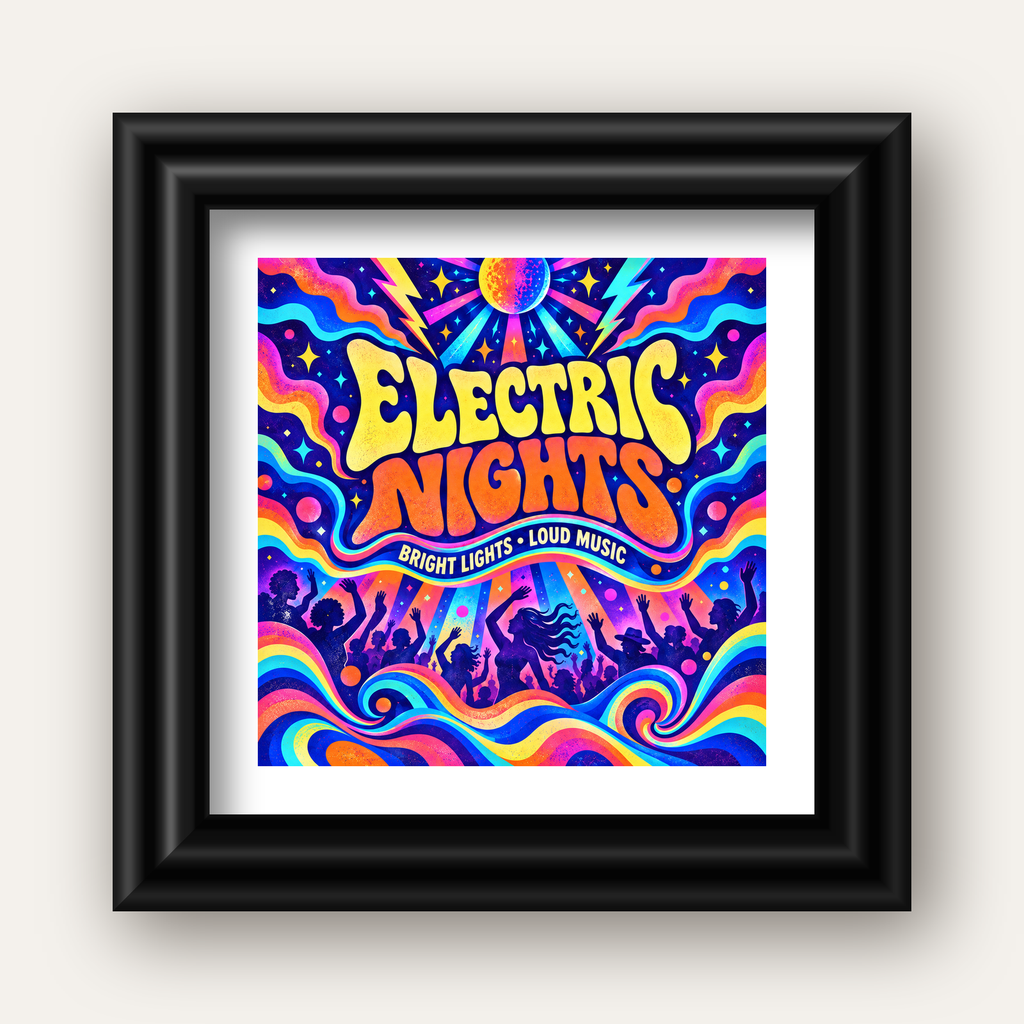Electric Nights Psikedelik Gece Partisi Poster Retro Tasarım — siyah galeri çerçeveli paspartulu