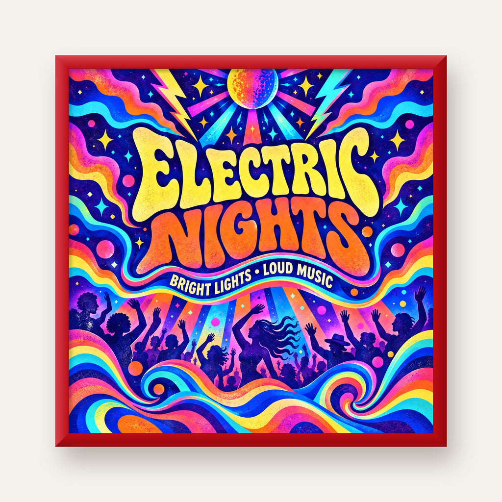 Electric Nights Psikedelik Gece Partisi Poster Retro Tasarım — kırmızı çerçeveli
