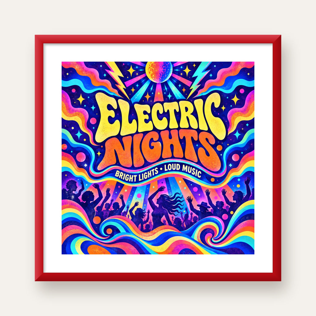Electric Nights Psikedelik Gece Partisi Poster Retro Tasarım — kırmızı çerçeveli paspartulu