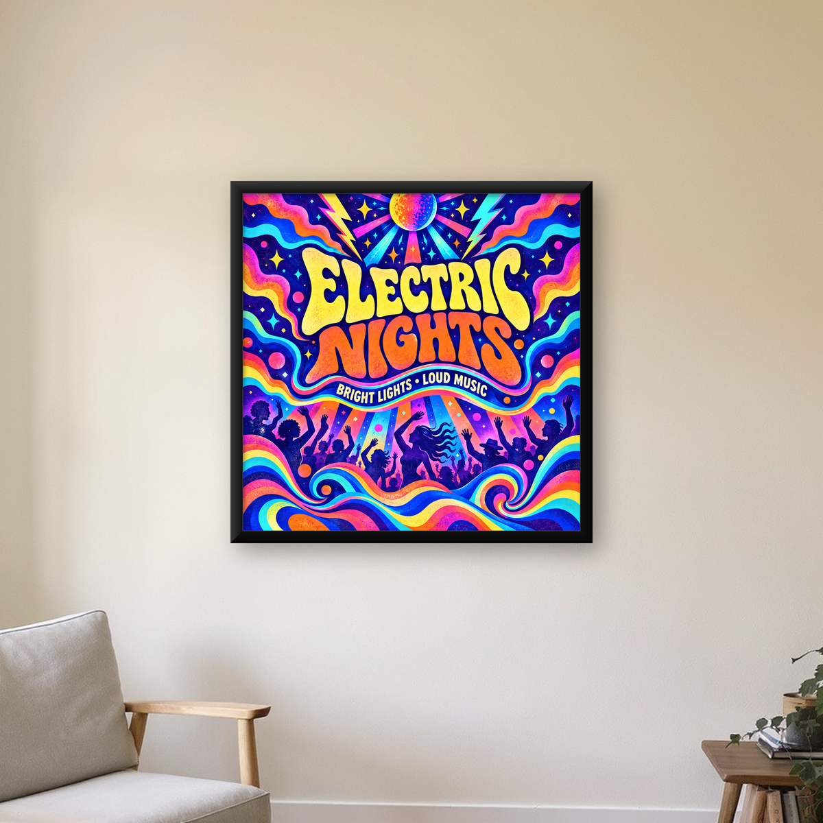 Electric Nights Psikedelik Gece Partisi Poster Retro Tasarım — Kare baskı, çerçeveli hâliyle bir ev duvarında