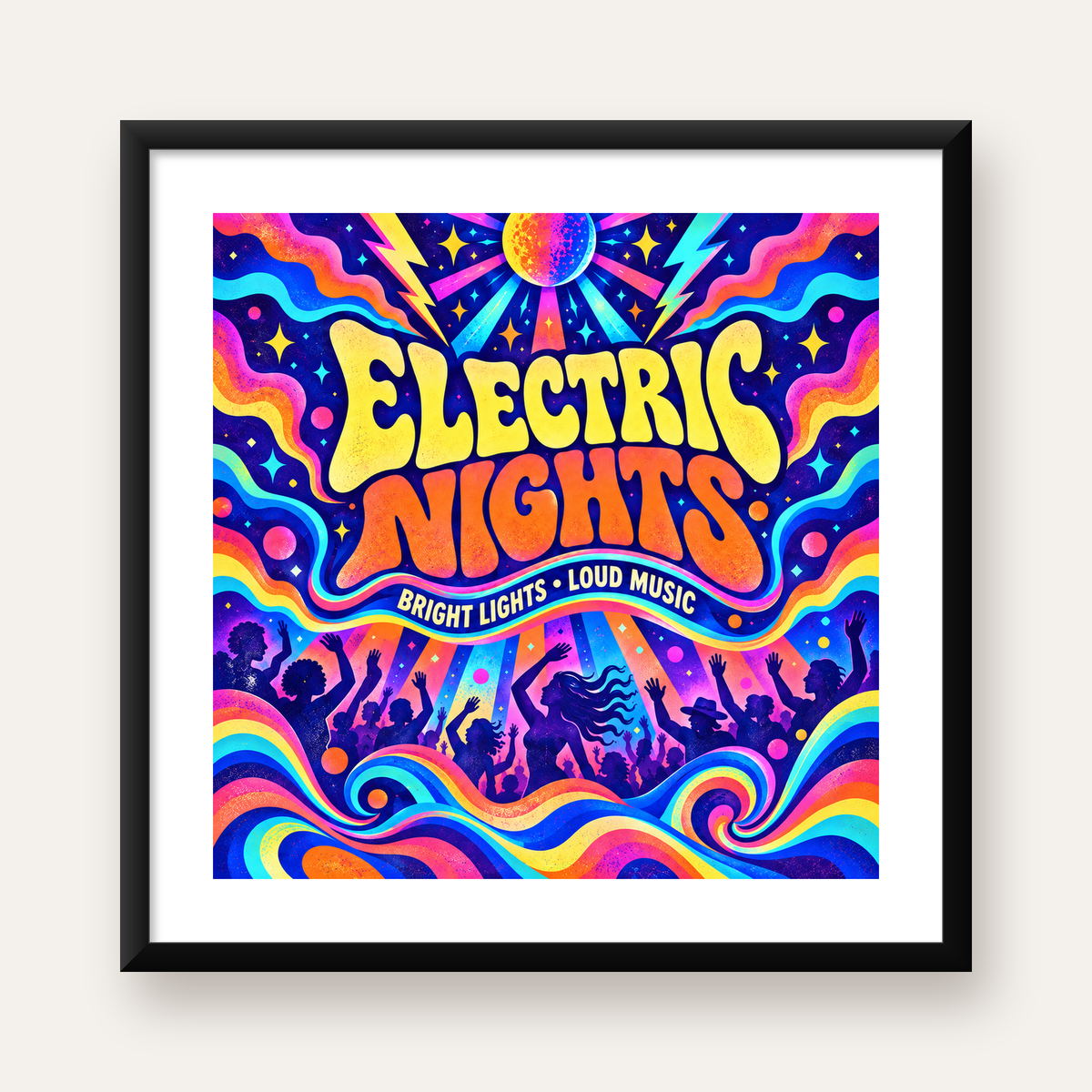 Electric Nights Psikedelik Gece Partisi Poster Retro Tasarım — Kare baskı, beyaz paspartulu