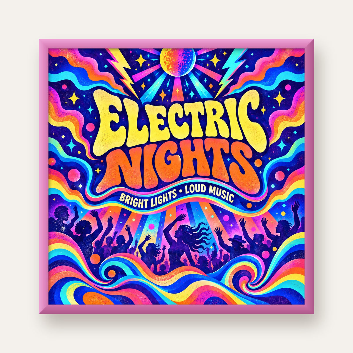 Electric Nights Psikedelik Gece Partisi Poster Retro Tasarım — pembe çerçeveli