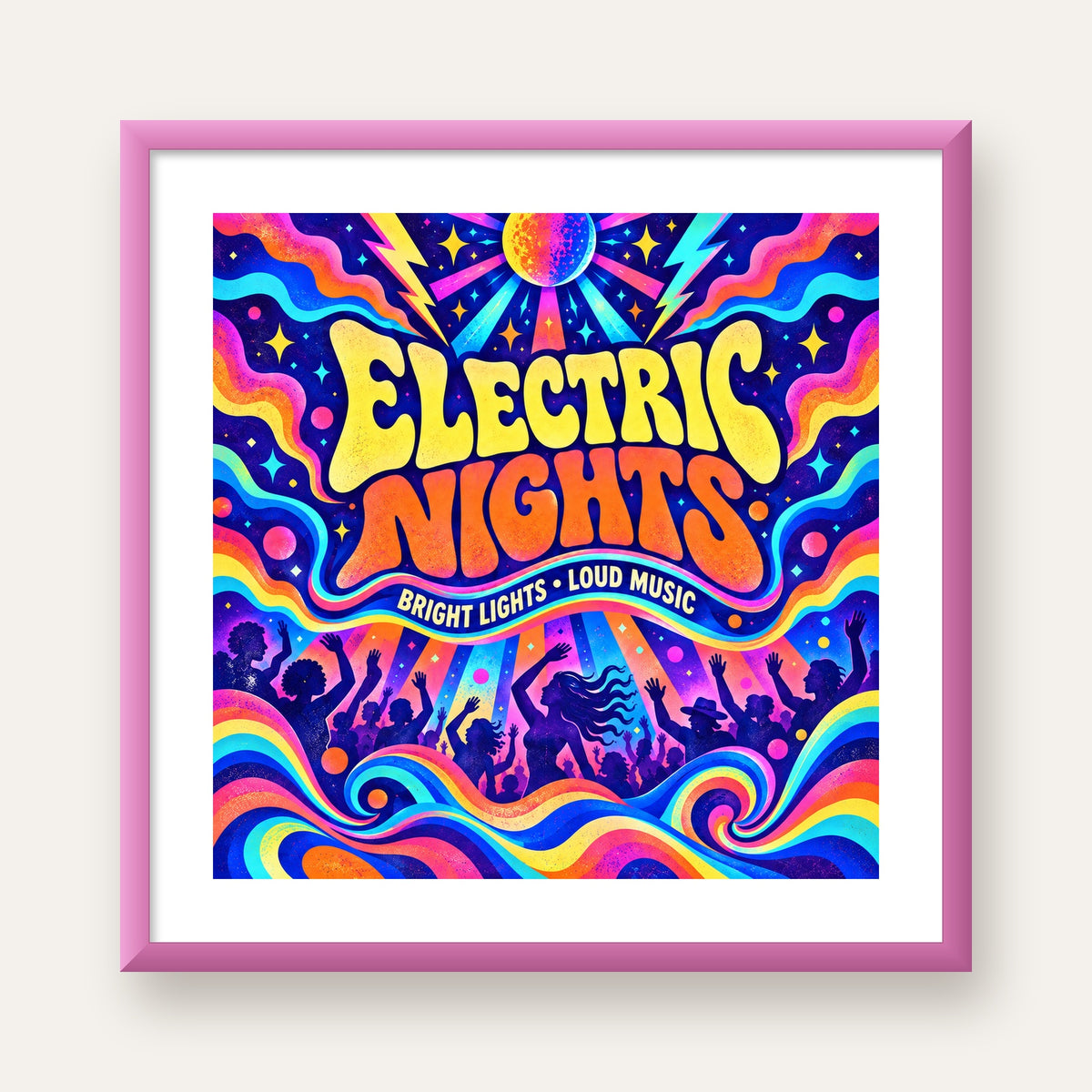 Electric Nights Psikedelik Gece Partisi Poster Retro Tasarım — pembe çerçeveli paspartulu