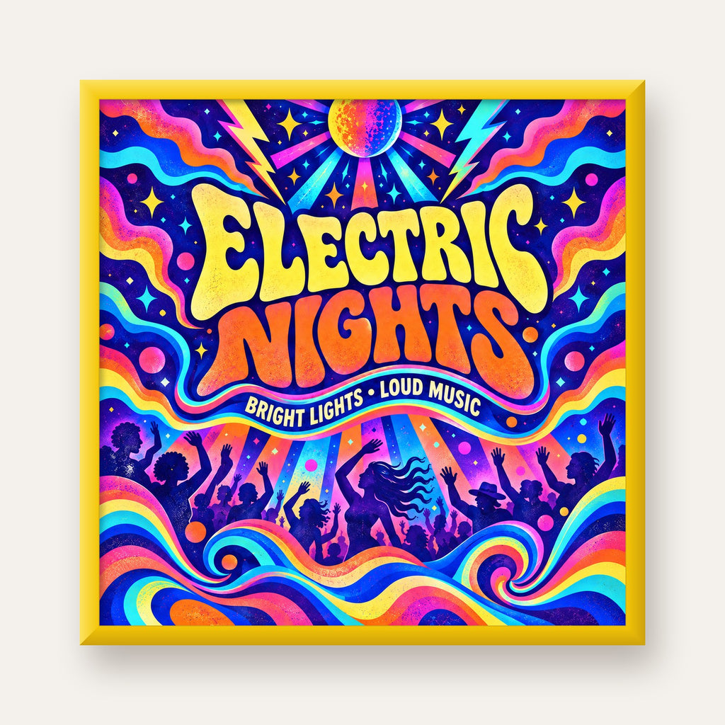 Electric Nights Psikedelik Gece Partisi Poster Retro Tasarım — sarı çerçeveli