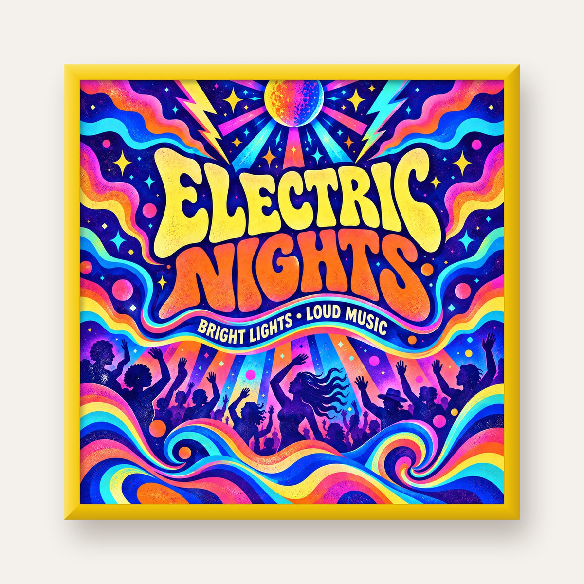 Electric Nights Psikedelik Gece Partisi Poster Retro Tasarım — sarı çerçeveli
