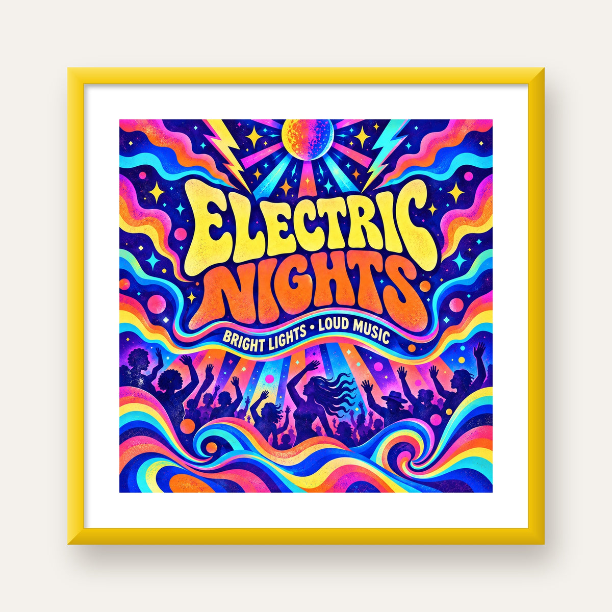 Electric Nights Psikedelik Gece Partisi Poster Retro Tasarım — sarı çerçeveli paspartulu