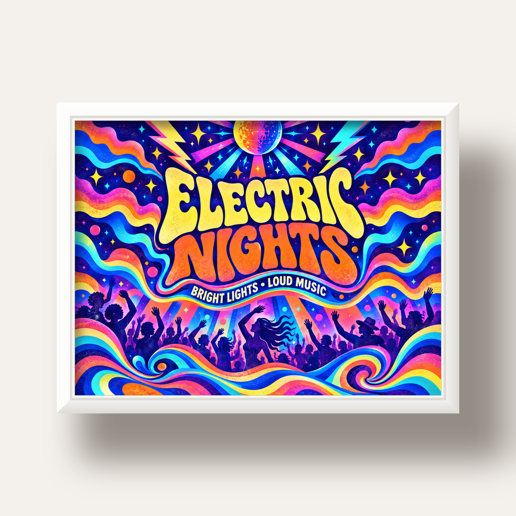 Electric Nights Psikedelik Gece Partisi Poster Retro Tasarım — beyaz derin çerçeveli