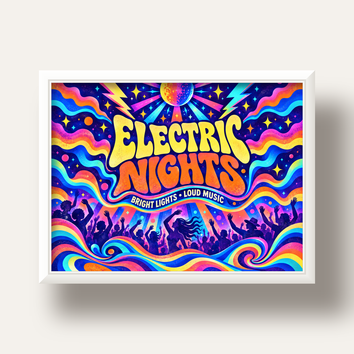 Electric Nights Psikedelik Gece Partisi Poster Retro Tasarım — beyaz derin çerçeveli