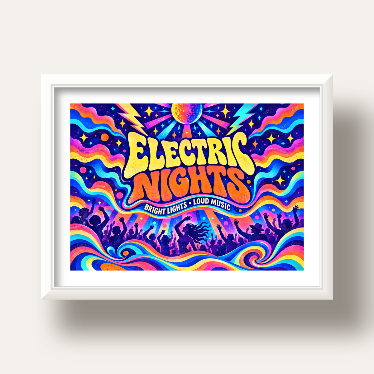 Electric Nights Psikedelik Gece Partisi Poster Retro Tasarım — beyaz derin çerçeveli paspartulu
