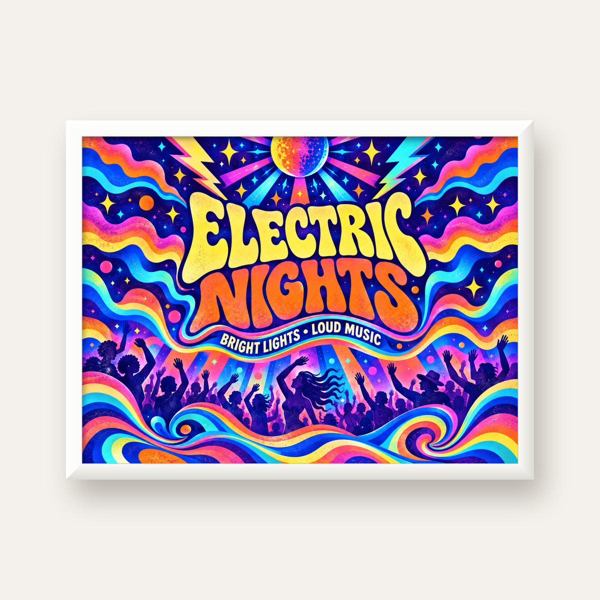 Electric Nights Psikedelik Gece Partisi Poster Retro Tasarım — beyaz çerçeveli yatay poster