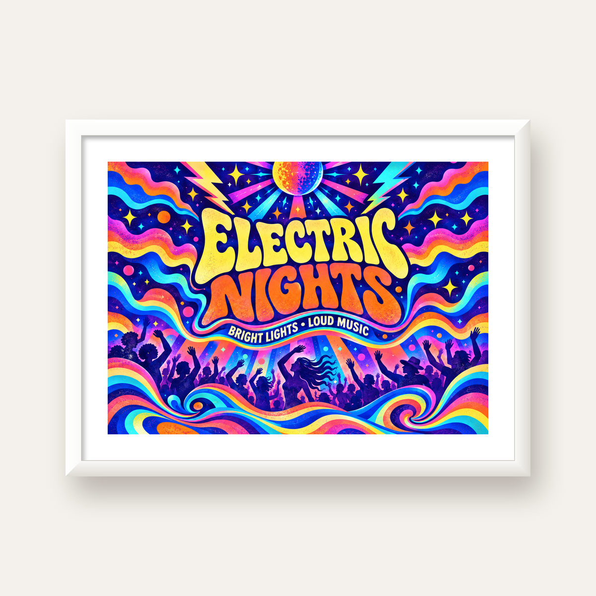 Electric Nights Psikedelik Gece Partisi Poster Retro Tasarım — beyaz çerçeveli yatay poster