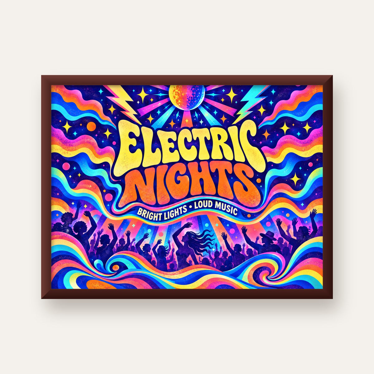 Electric Nights Psikedelik Gece Partisi Poster Retro Tasarım — ceviz çerçeveli