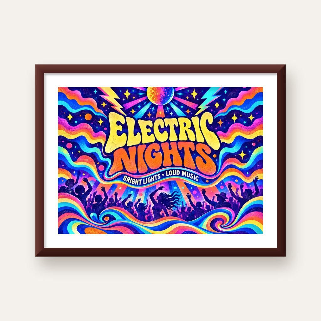 Electric Nights Psikedelik Gece Partisi Poster Retro Tasarım — ceviz çerçeveli paspartulu