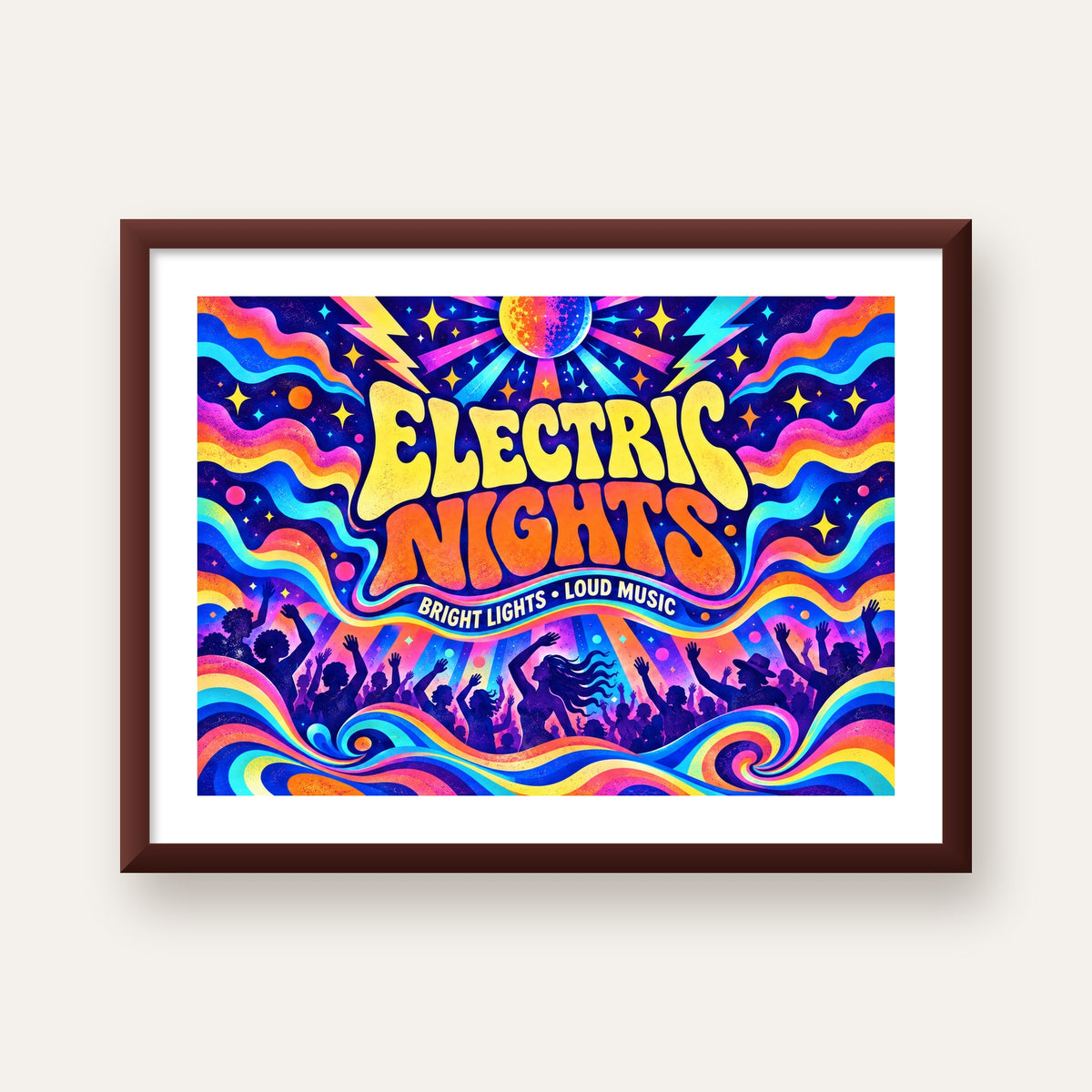 Electric Nights Psikedelik Gece Partisi Poster Retro Tasarım — ceviz çerçeveli paspartulu