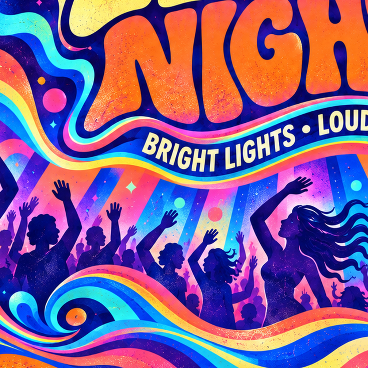 Electric Nights Psikedelik Gece Partisi Poster Retro Tasarım — baskının yakın çekimi, kâğıt dokusu ve renk detayı