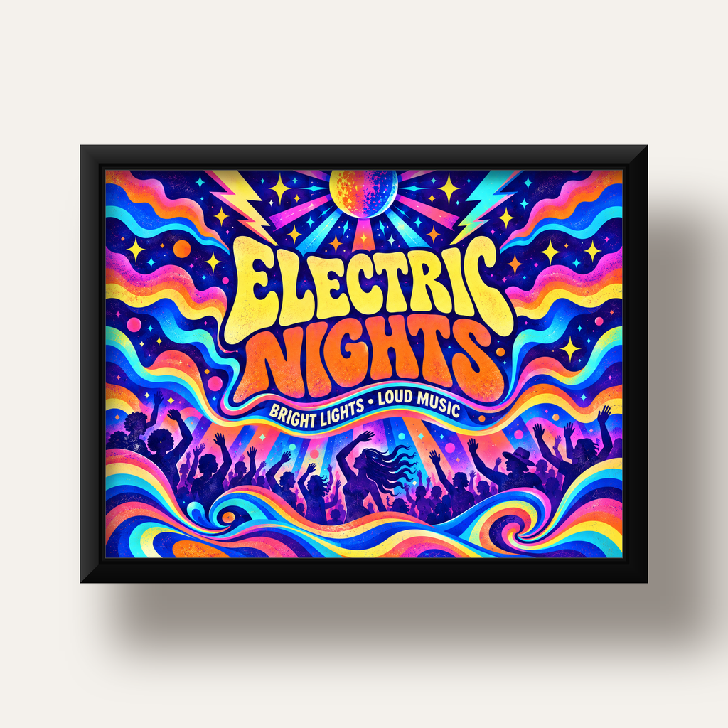 Electric Nights Psikedelik Gece Partisi Poster Retro Tasarım — siyah derin çerçeveli
