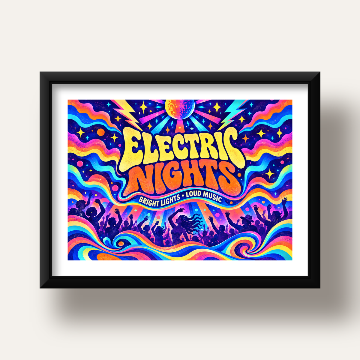 Electric Nights Psikedelik Gece Partisi Poster Retro Tasarım — siyah derin çerçeveli paspartulu