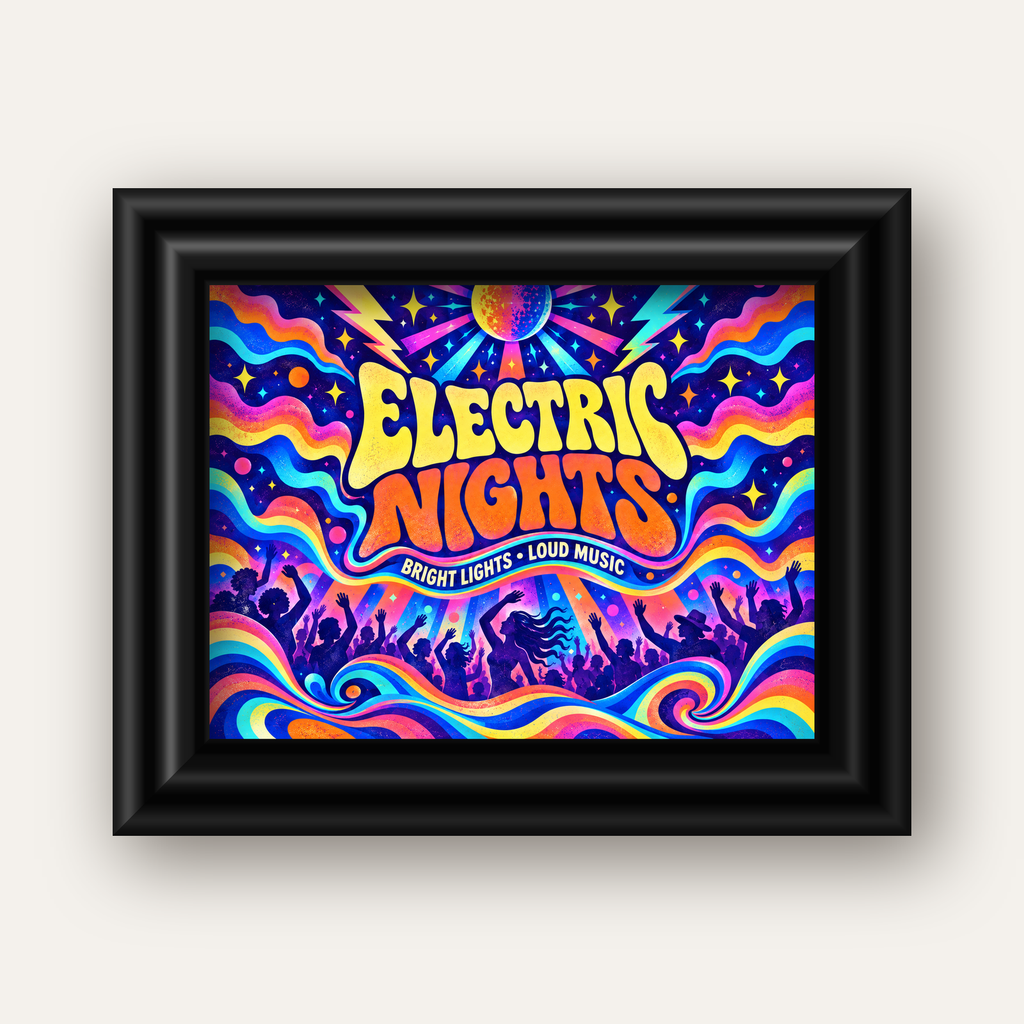 Electric Nights Psikedelik Gece Partisi Poster Retro Tasarım — siyah galeri çerçeveli