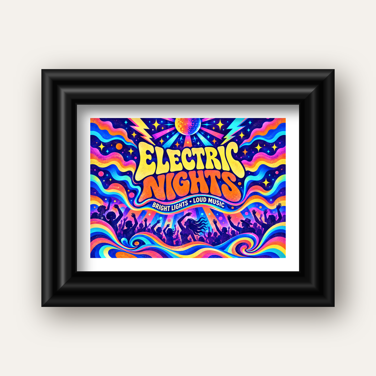 Electric Nights Psikedelik Gece Partisi Poster Retro Tasarım — siyah galeri çerçeveli paspartulu