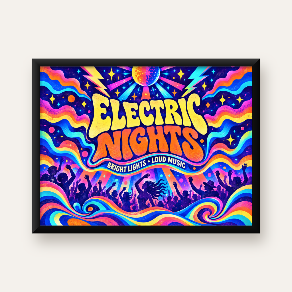 Electric Nights Psikedelik Gece Partisi Poster Retro Tasarım — Yatay baskı, düz siyah çerçeveli duvar posteri