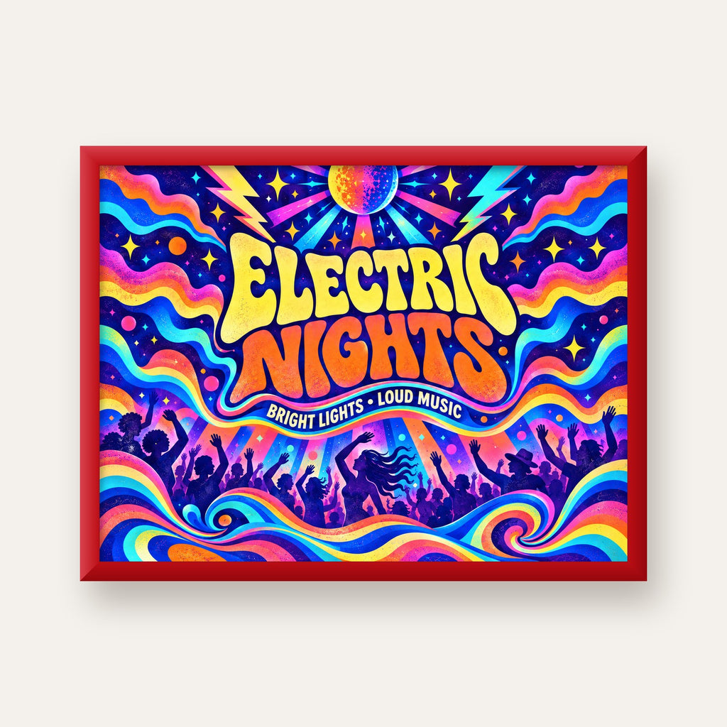 Electric Nights Psikedelik Gece Partisi Poster Retro Tasarım — kırmızı çerçeveli