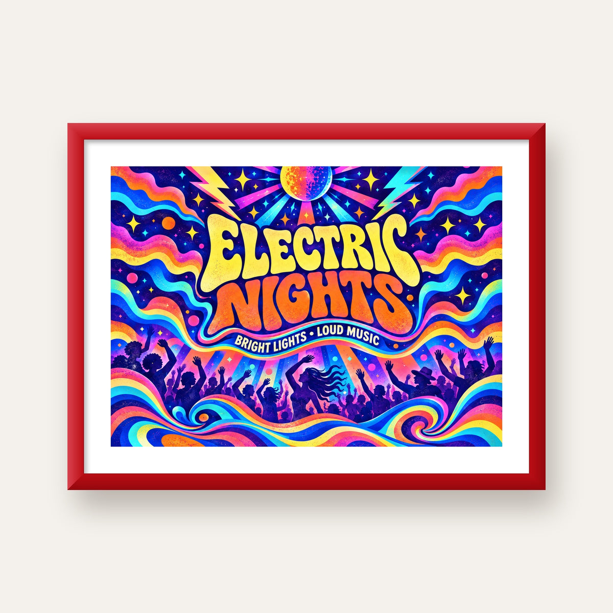 Electric Nights Psikedelik Gece Partisi Poster Retro Tasarım — kırmızı çerçeveli paspartulu