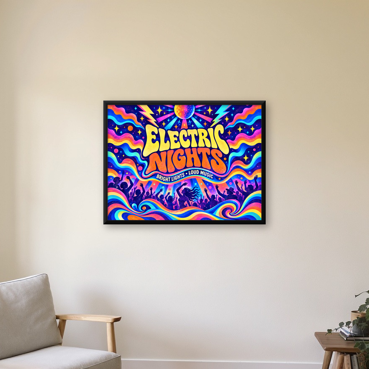 Electric Nights Psikedelik Gece Partisi Poster Retro Tasarım — Yatay baskı, çerçeveli hâliyle bir ev duvarında