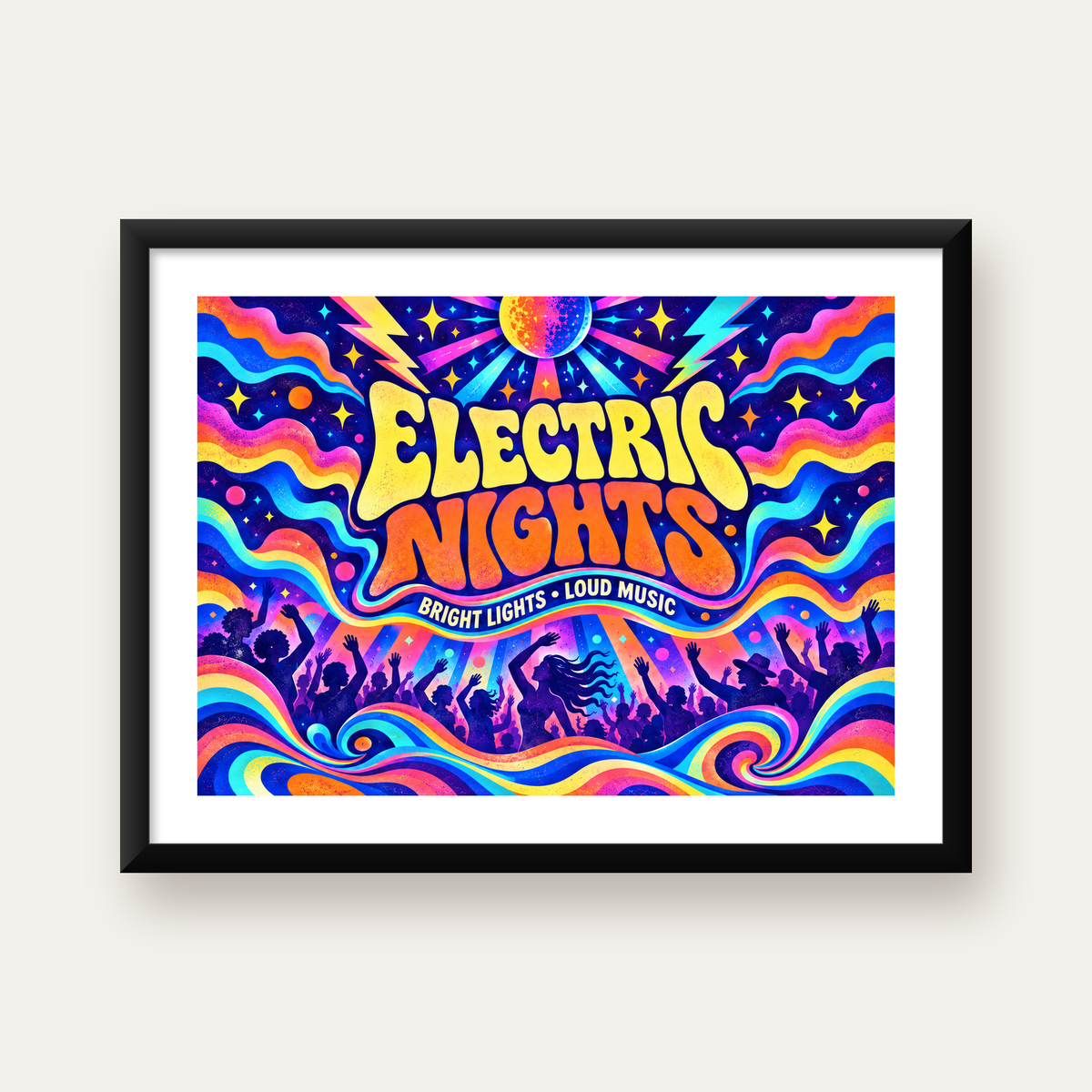 Electric Nights Psikedelik Gece Partisi Poster Retro Tasarım — Yatay baskı, beyaz paspartulu